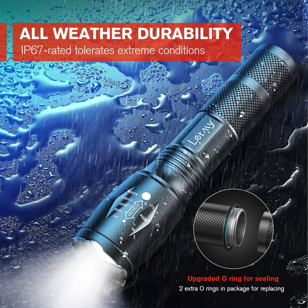 Waterproof-style black tactical LED flashlight with textured grip and bright beam