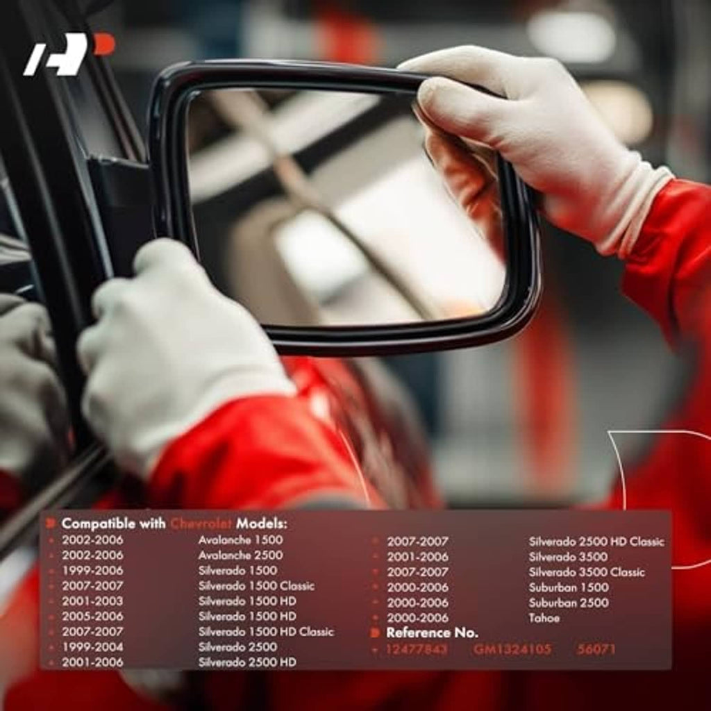 Left side mirror glass being held for replacement with black trim and clear lens
