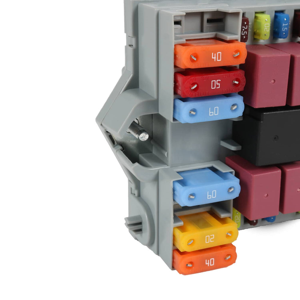 Gray power distribution center showing colored blade fuses in front panel