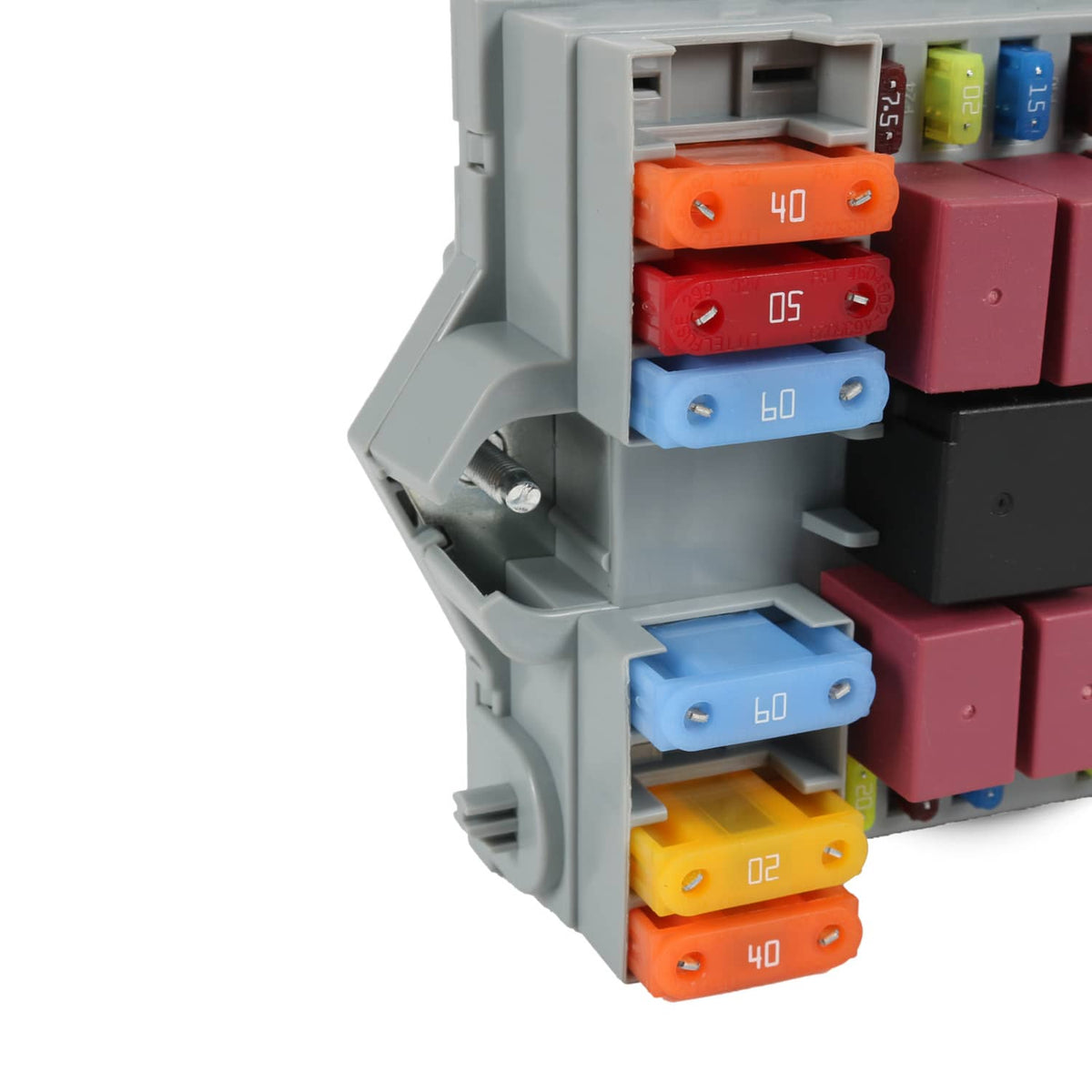 Gray power distribution center showing colored blade fuses in front panel