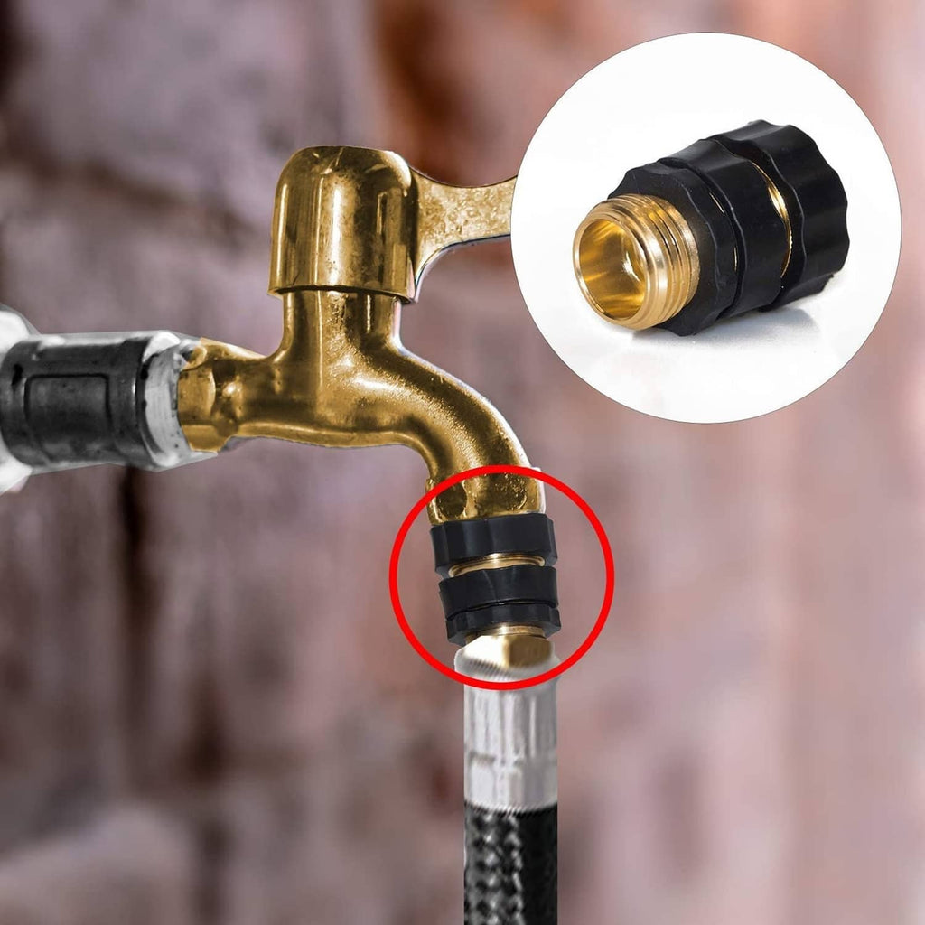 Gold quick connector adapter with black collar attached to a faucet spout
