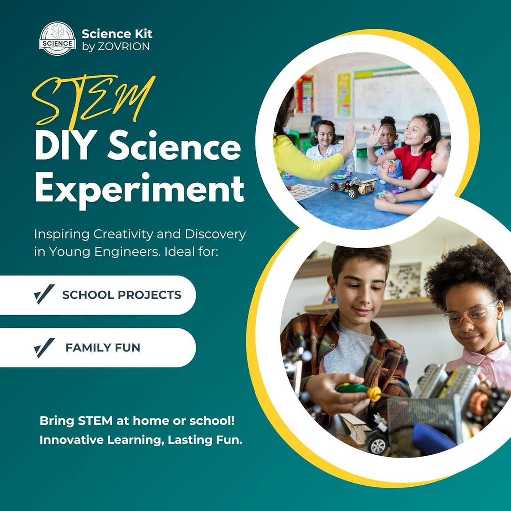 STEM DIY science experiment kit poster with children and large circular photo graphics