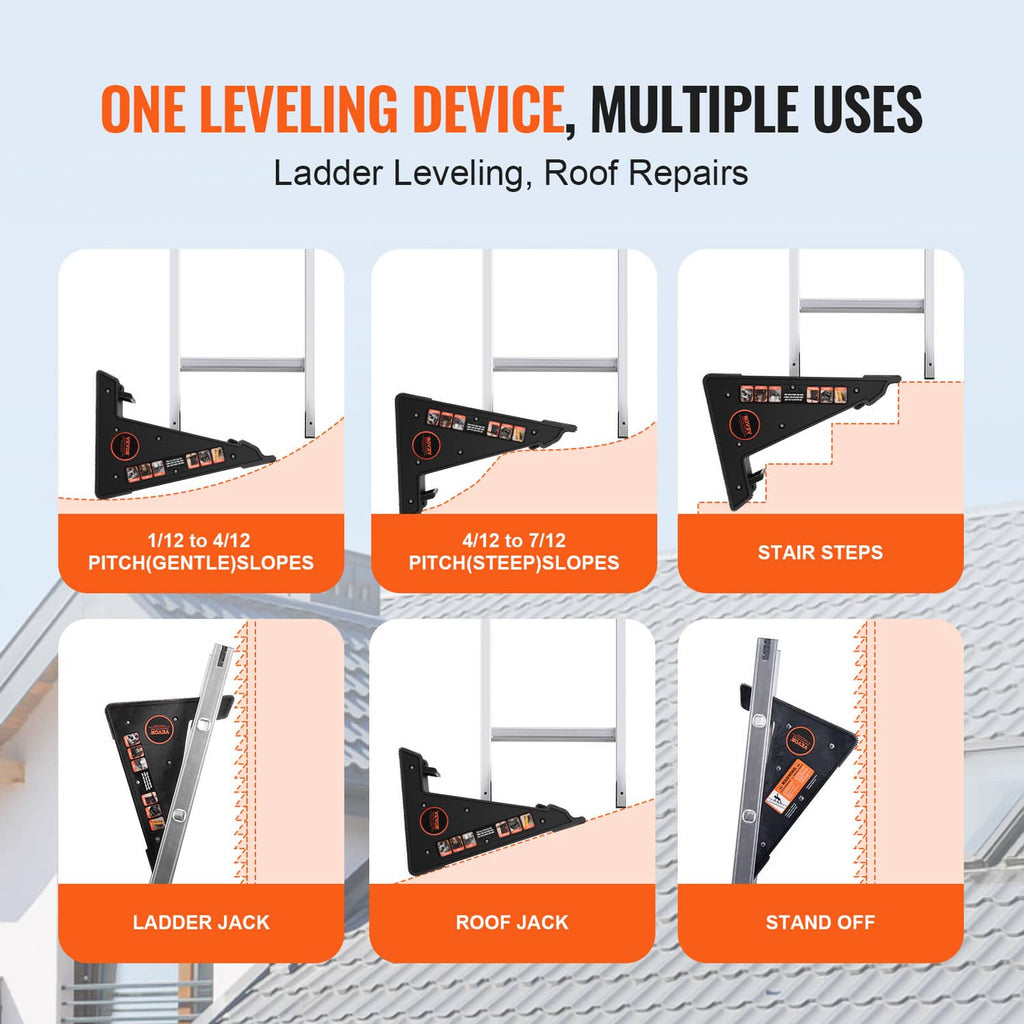 Black ladder leveling tool set on steps with anti-slip grip feet