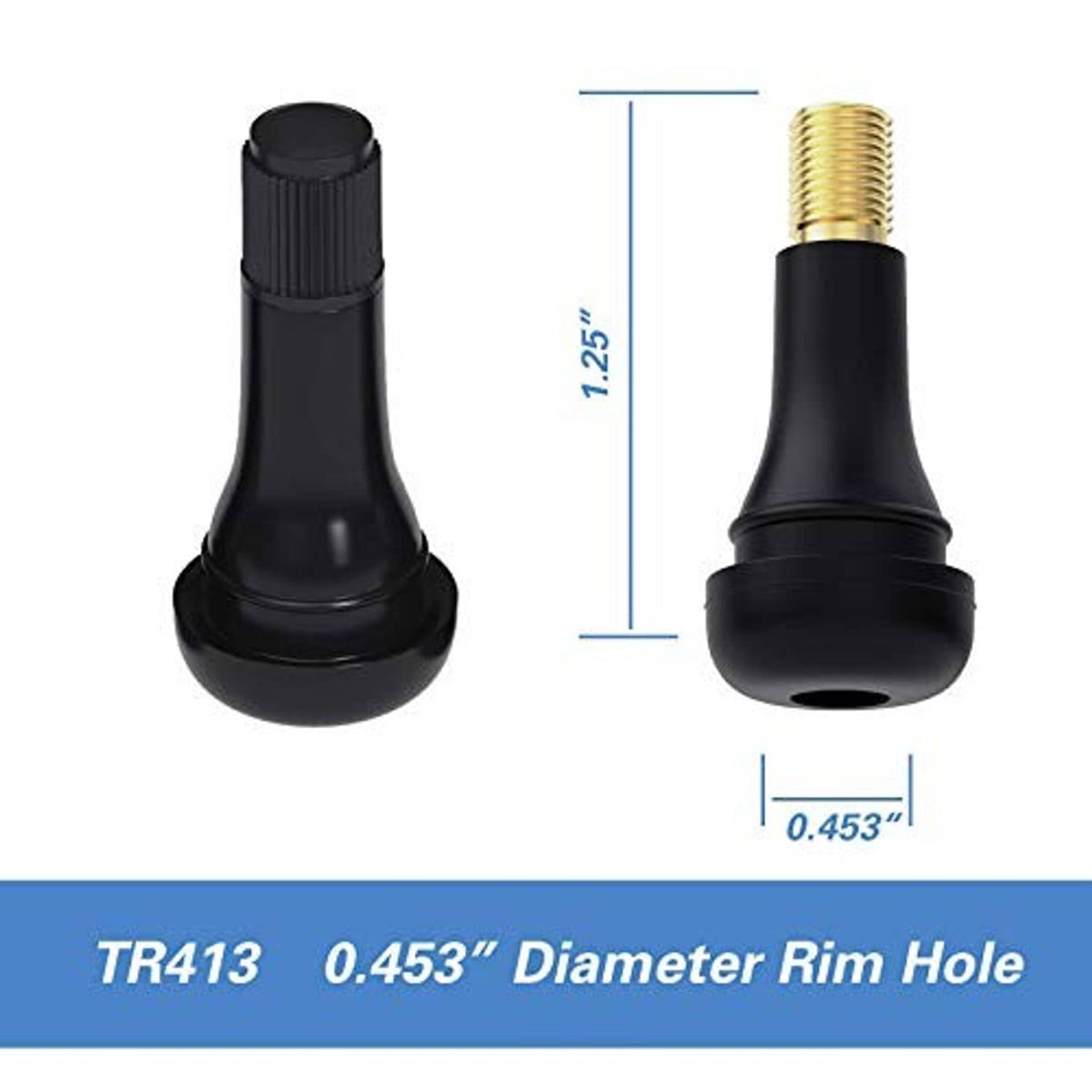 Black snap-in tire valve stem with brass thread insert, 0.453 in rim hole fit
