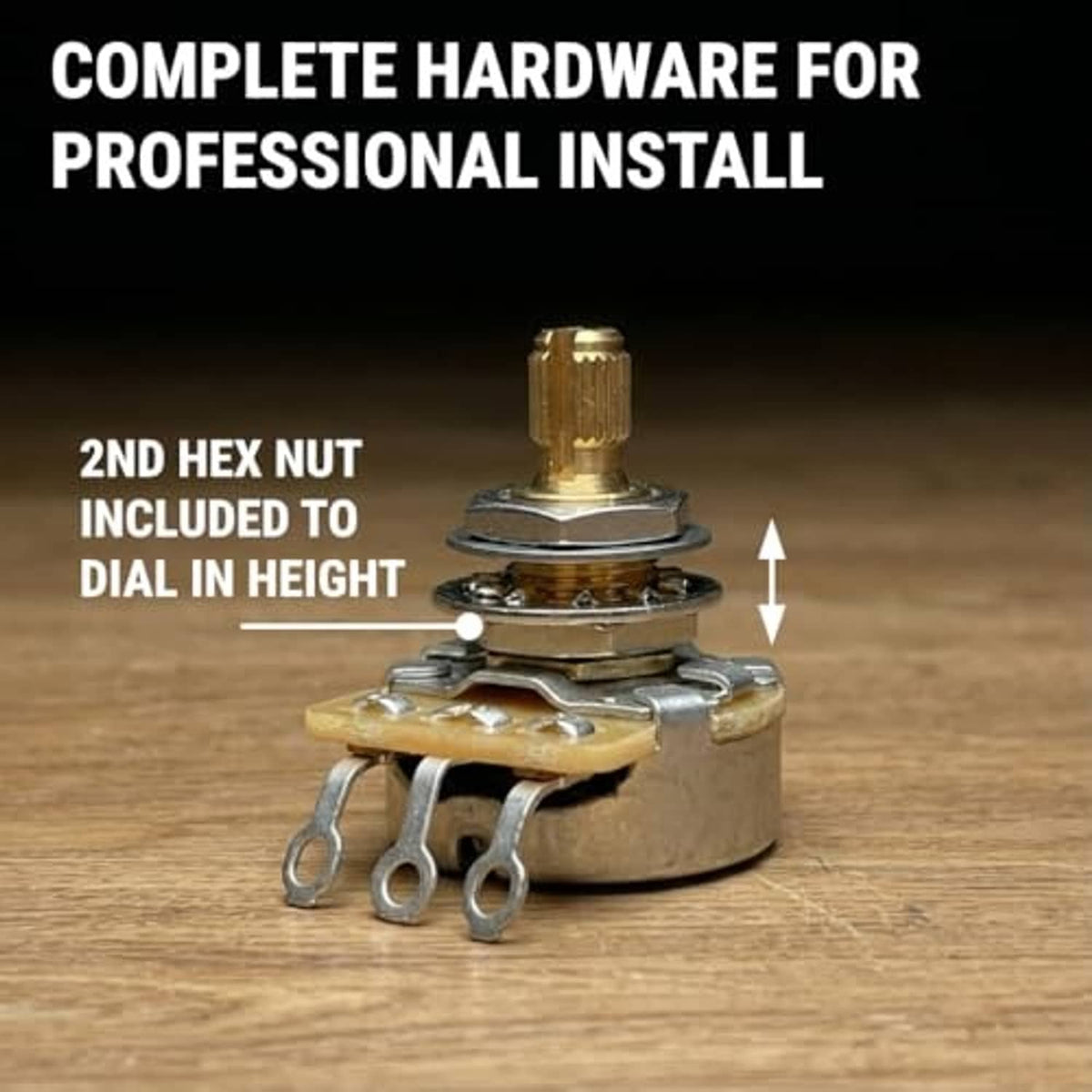 Guitar potentiometer with included second hex nut and adjustable dial height