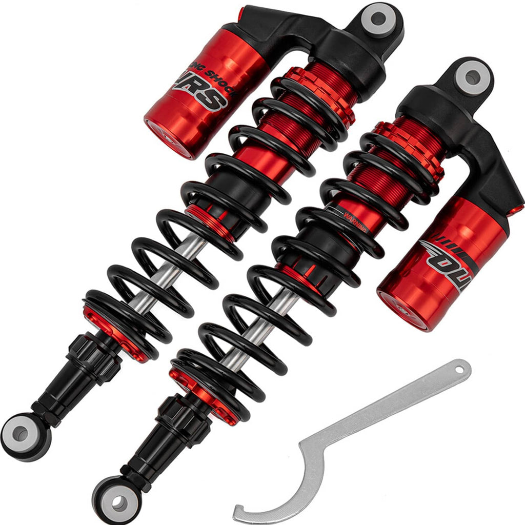 Rear UTV air shock absorber set with red dampers, black springs, and included wrench