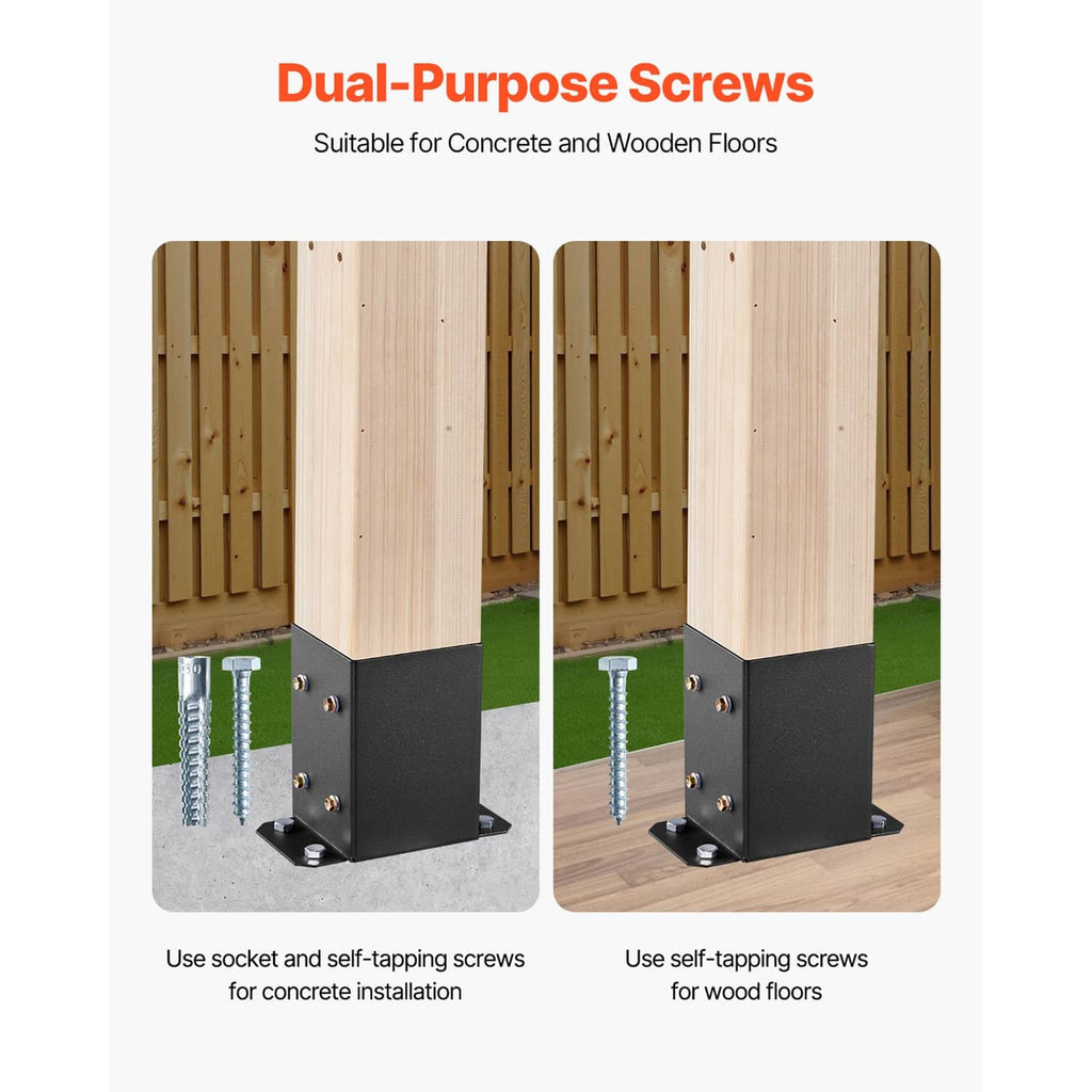 Dual-use post base bracket with screws, for concrete or wood floors, black steel