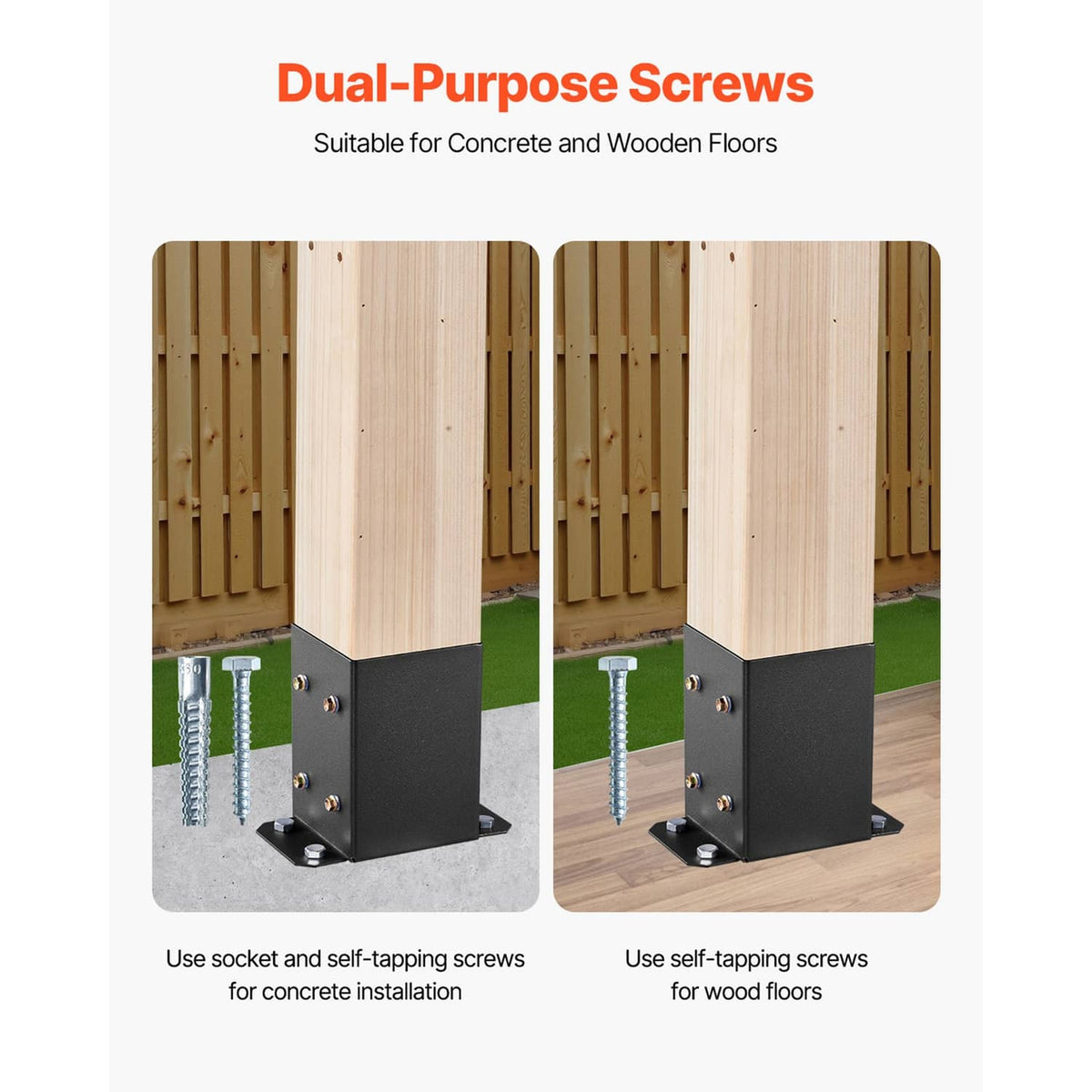 Dual-use post base bracket with screws, for concrete or wood floors, black steel