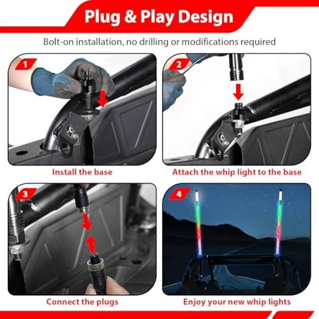 LED whip light installation steps with plug-in base and attached whip light