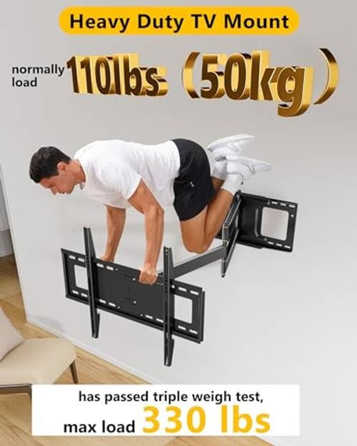 Heavy duty full motion TV wall mount bracket with installation and load rating graphic