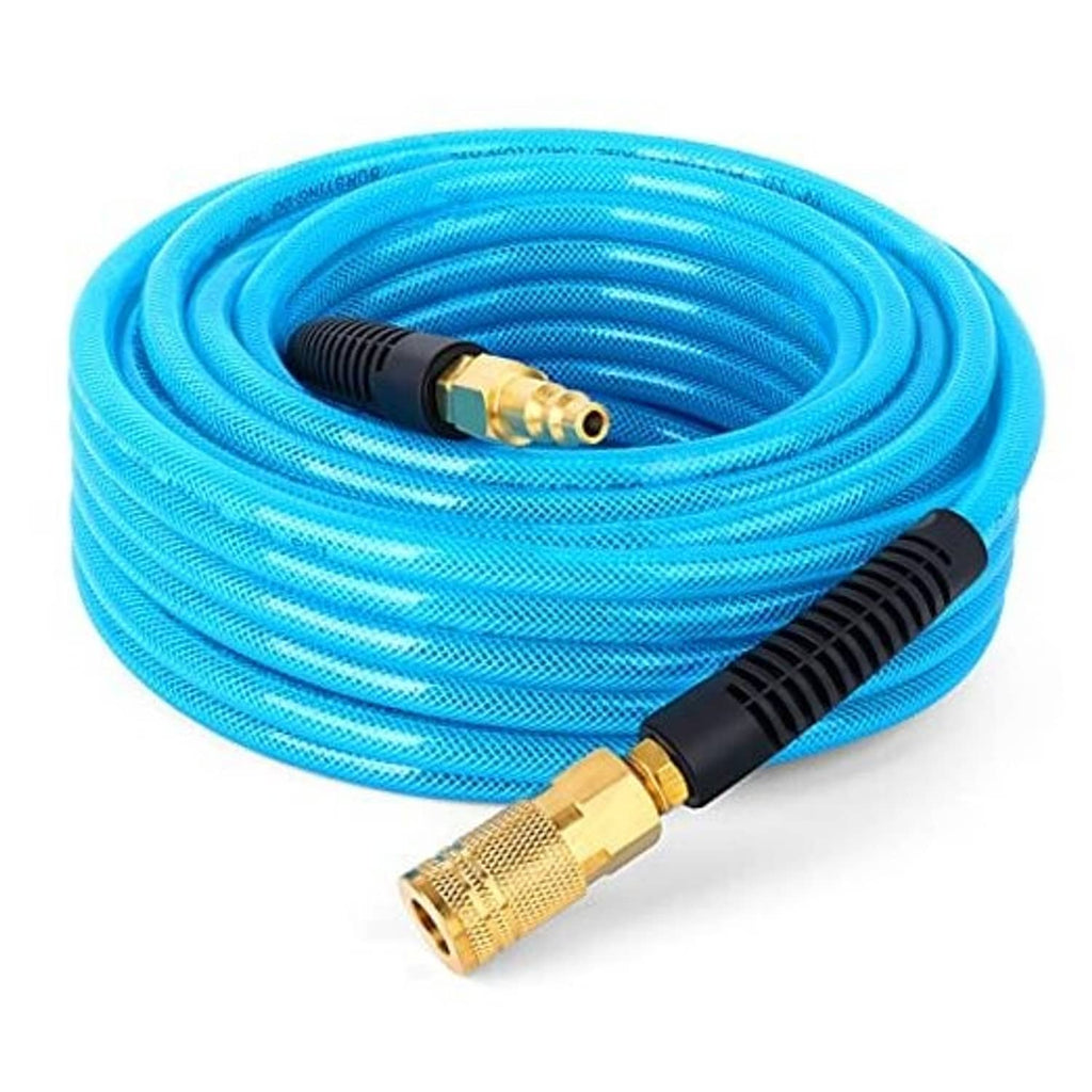 Coiled 1/4 in polyurethane air hose with brass I/M-style quick-connect fittings