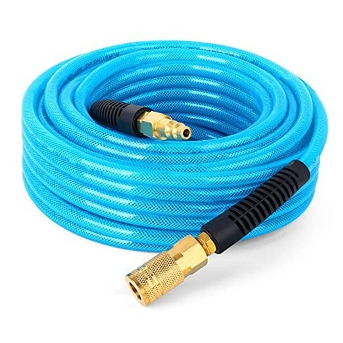 Coiled 1/4 in polyurethane air hose with brass I/M-style quick-connect fittings
