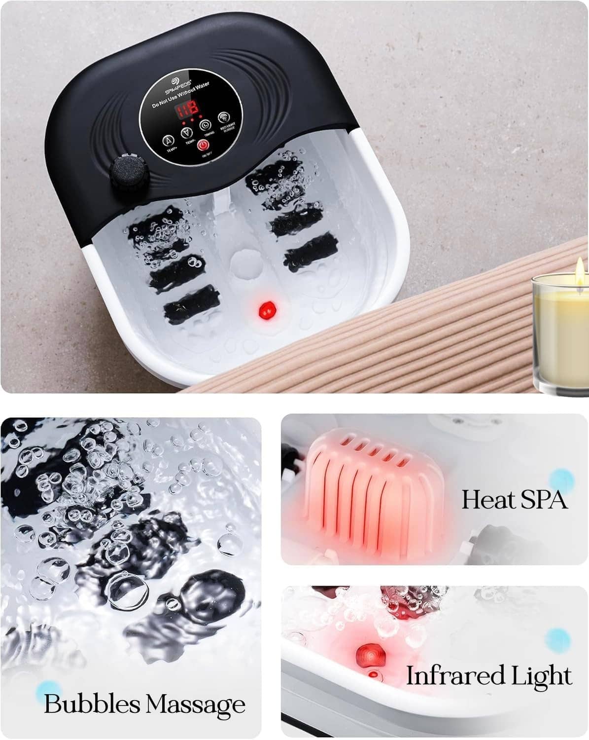 Heated foot spa close-up showing bubble jets and red infrared light