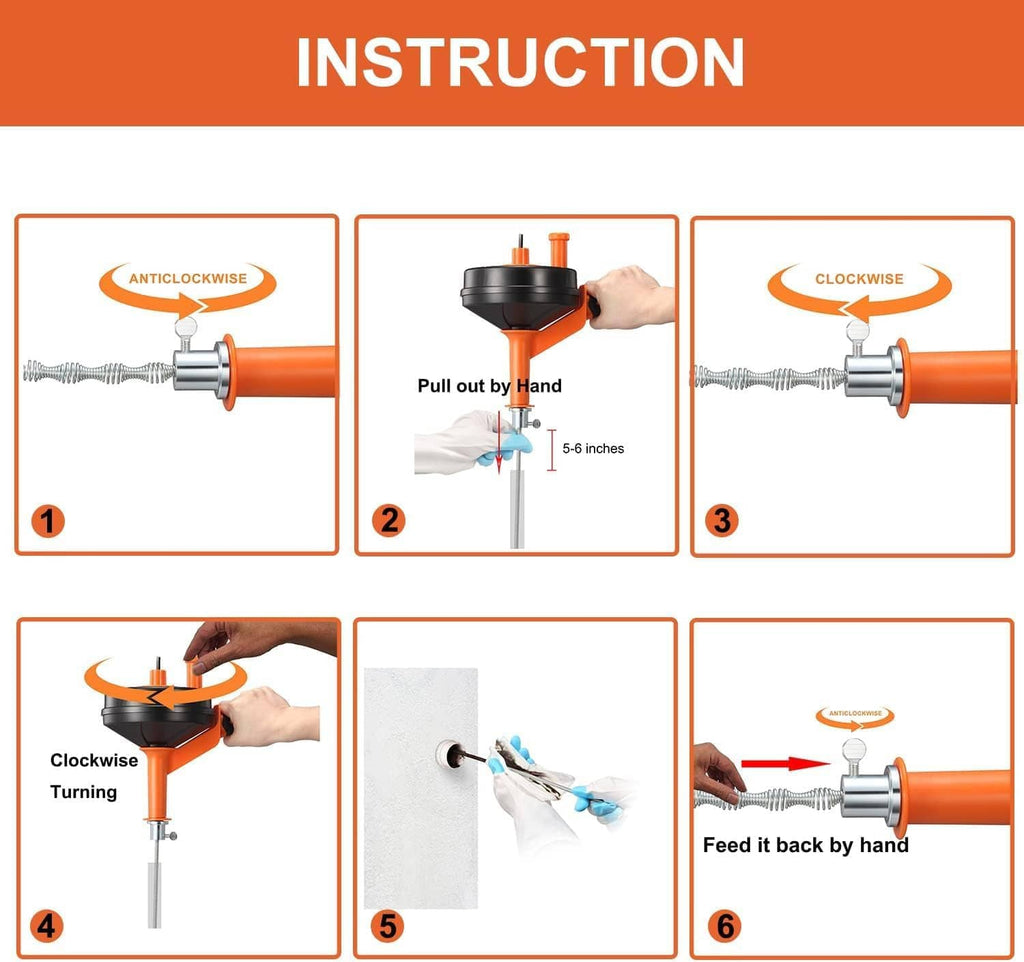 Drain auger showing hand-turn operation on orange drum with flexible steel snake.