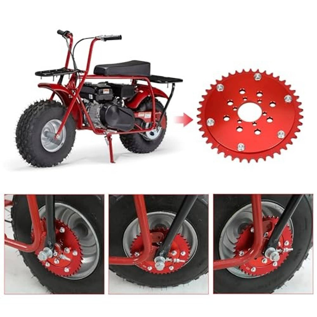 Red 42T split sprocket with hub adapter shown on a mini motorcycle and wheel