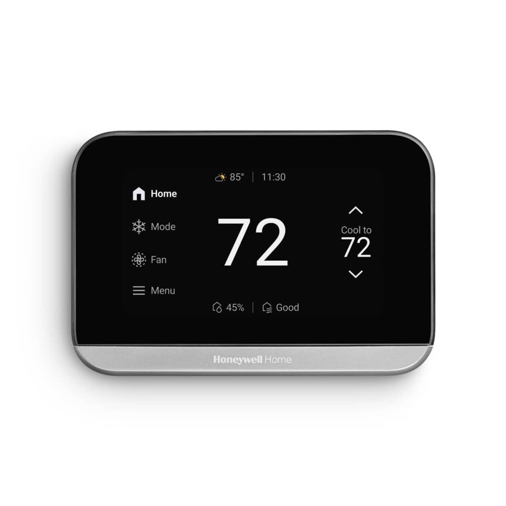 Black smart Wi-Fi programmable thermostat with touchscreen showing 72°F and 11:30