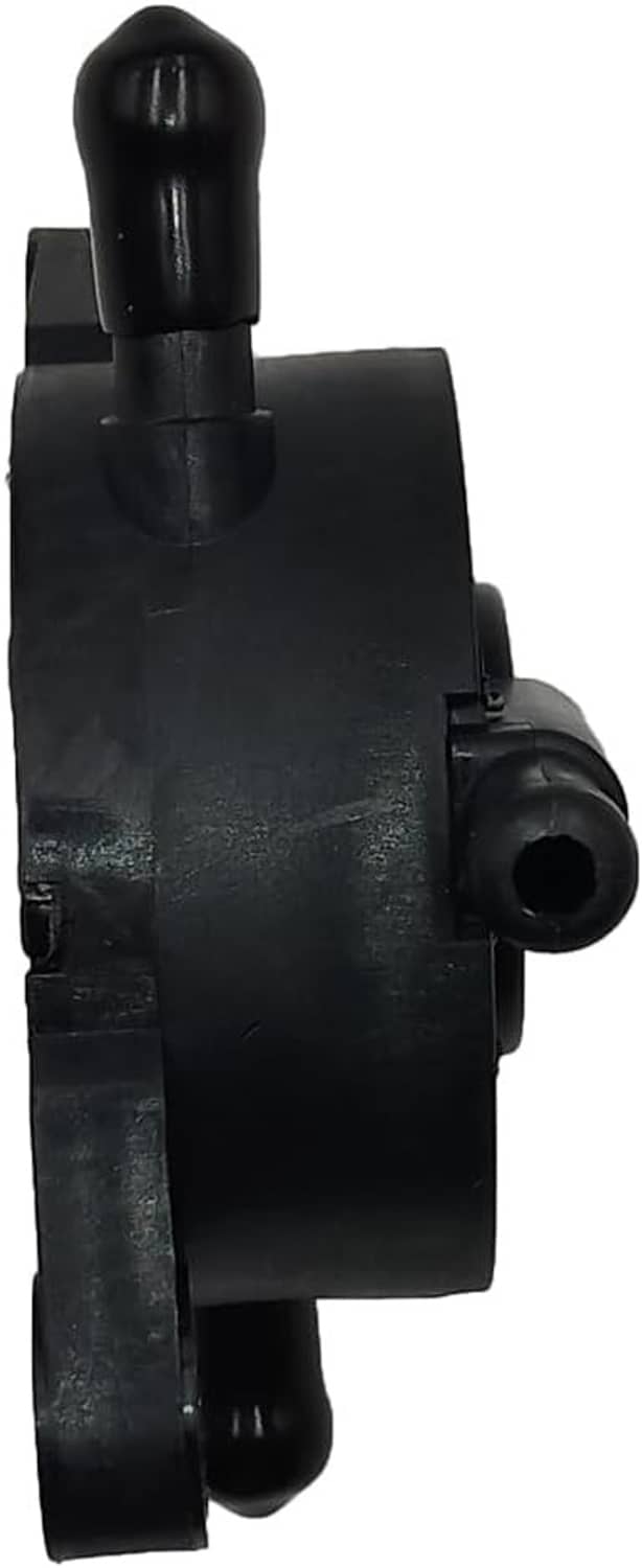 Black fuel pump housing with round outlet port and side mounting tab