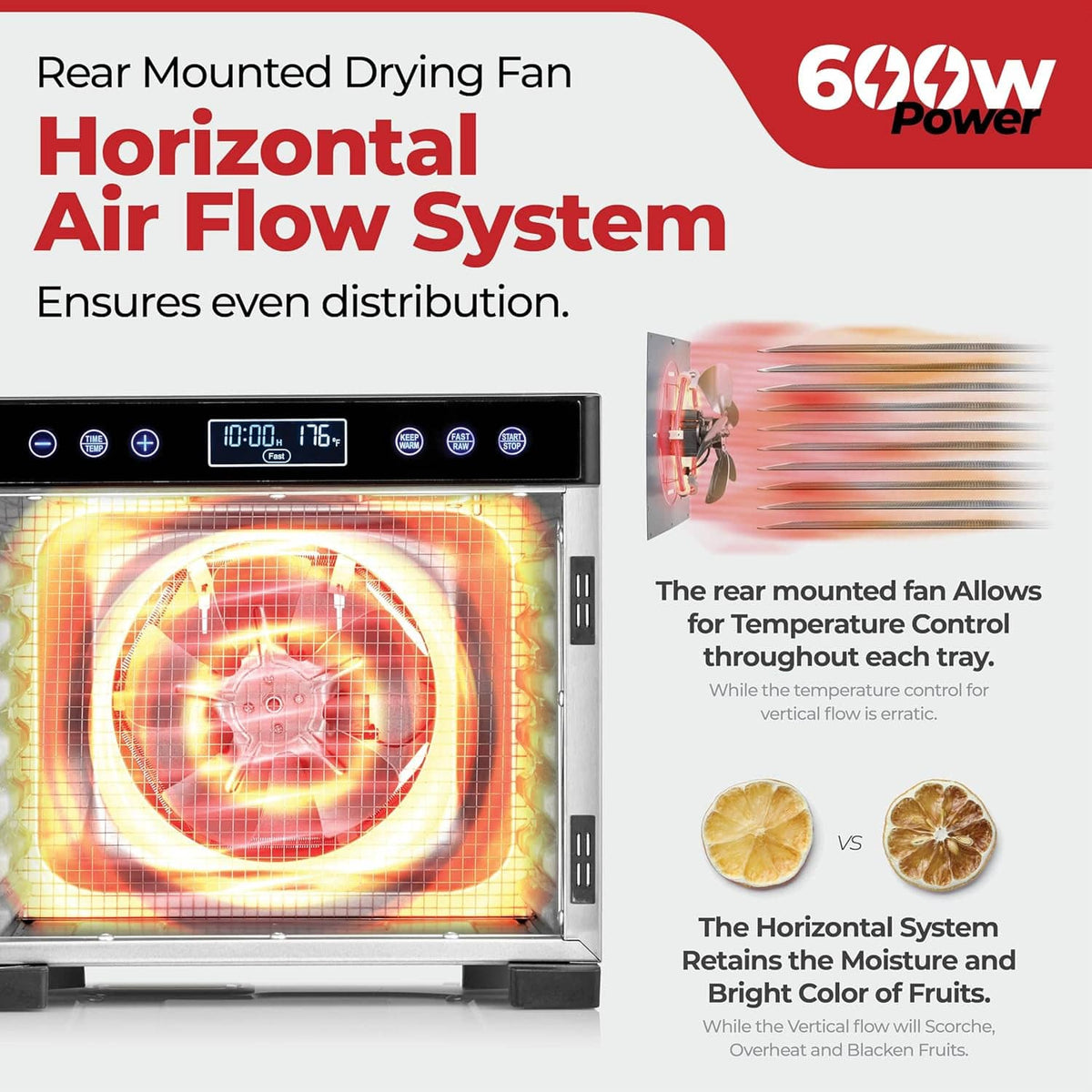 Horizontal airflow food dehydrator with rear fan housing and illuminated drying chamber
