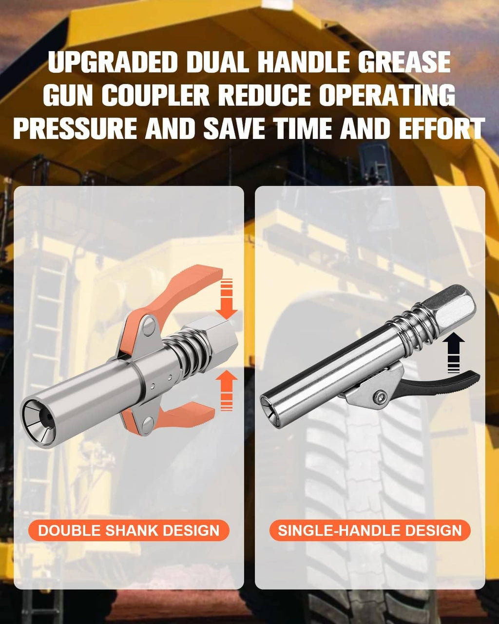 Silver grease gun coupler showing dual-handle action for easier one-handed use