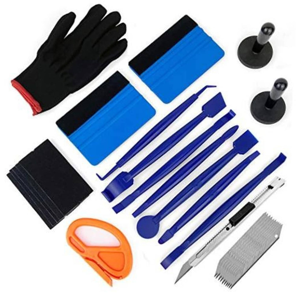 Car vinyl wrap tool kit with gloves, squeegees, blue trim tools, and utility cutter