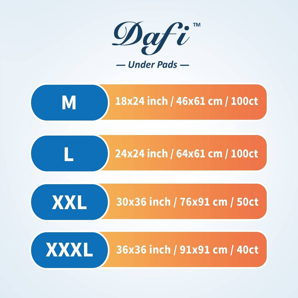 Dafi underpads size chart listing M, L, XXL, and XXXL dimensions