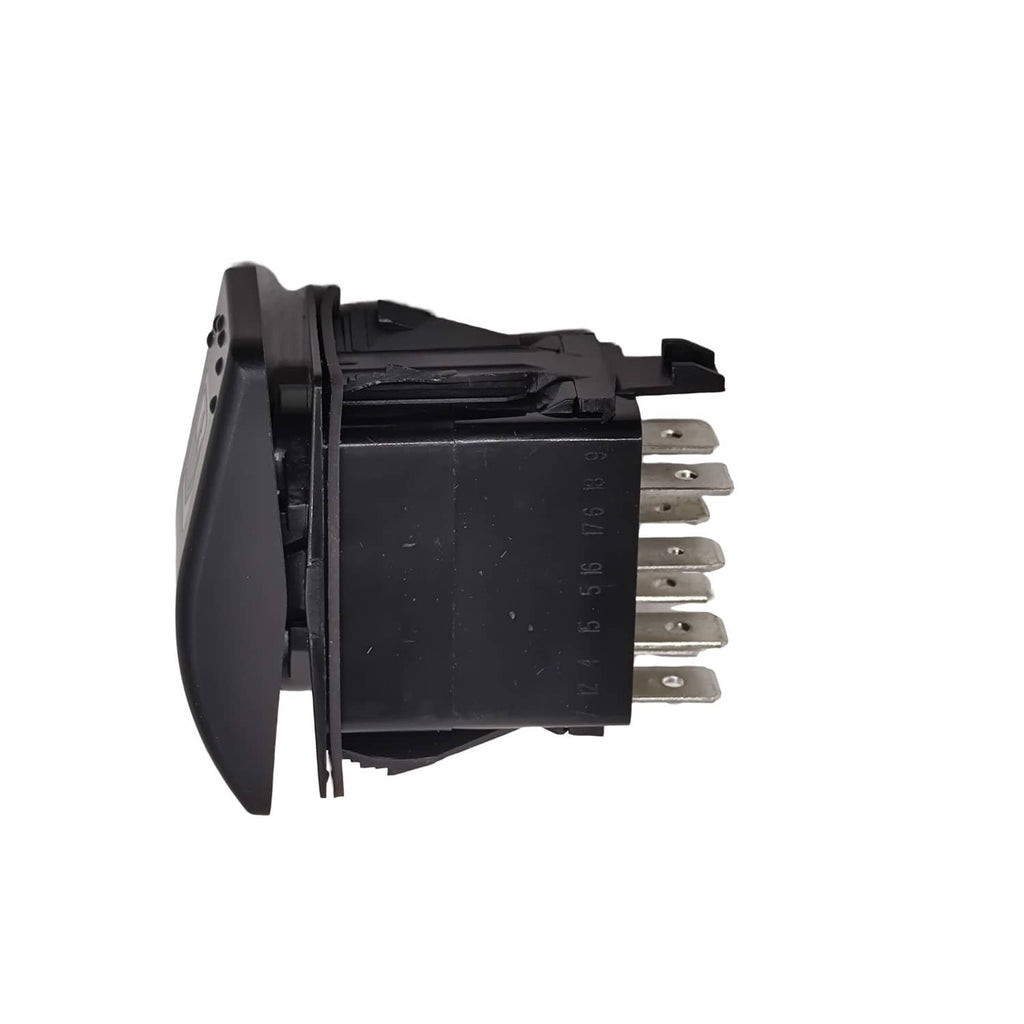 Black window switch with side housing and exposed metal electrical pins