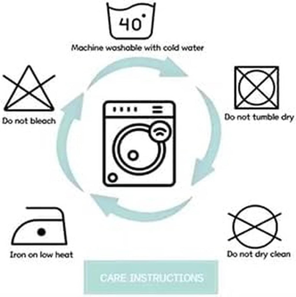 Care instructions icons for shower curtain set: wash cold, do not bleach, do not dry clean