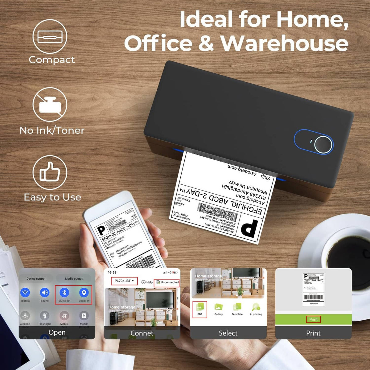 Black thermal label printer and smartphone app screens for label printing