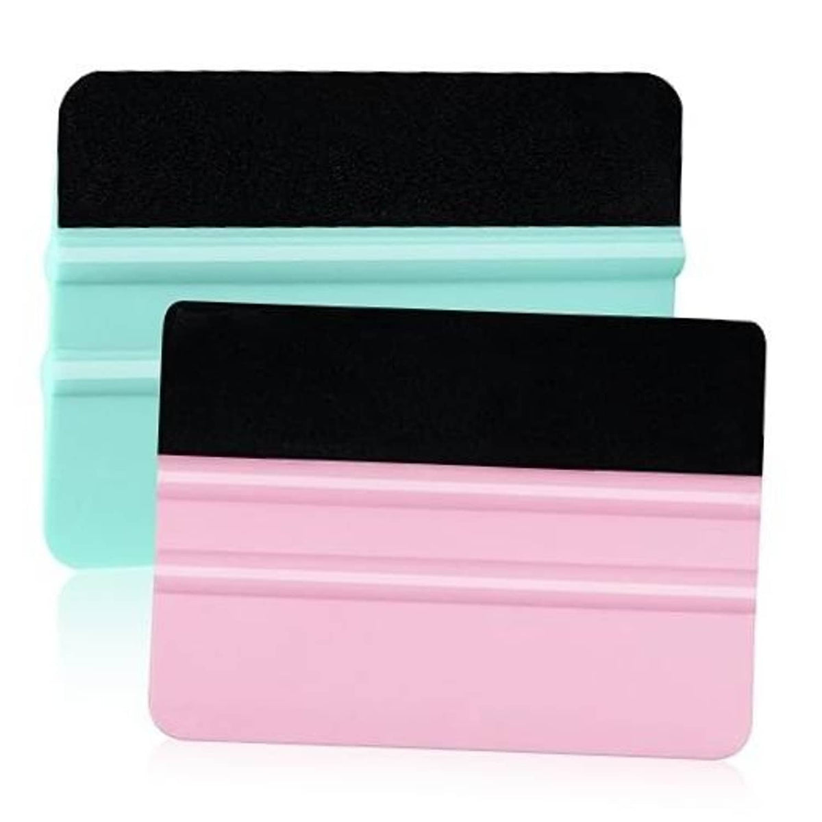 Pink and teal vinyl squeegee set with black felt edges, two tools stacked