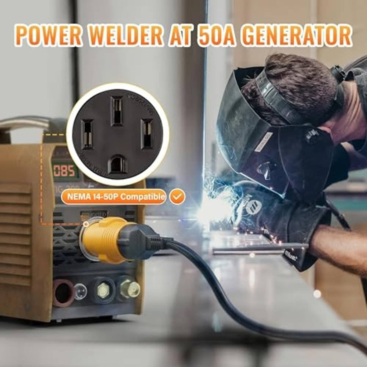 Yellow adapter plug on generator outlet with cord connection for welding use