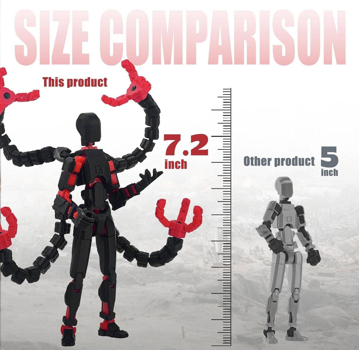 7.2-inch articulated action figure in black and red, beside a vertical size ruler