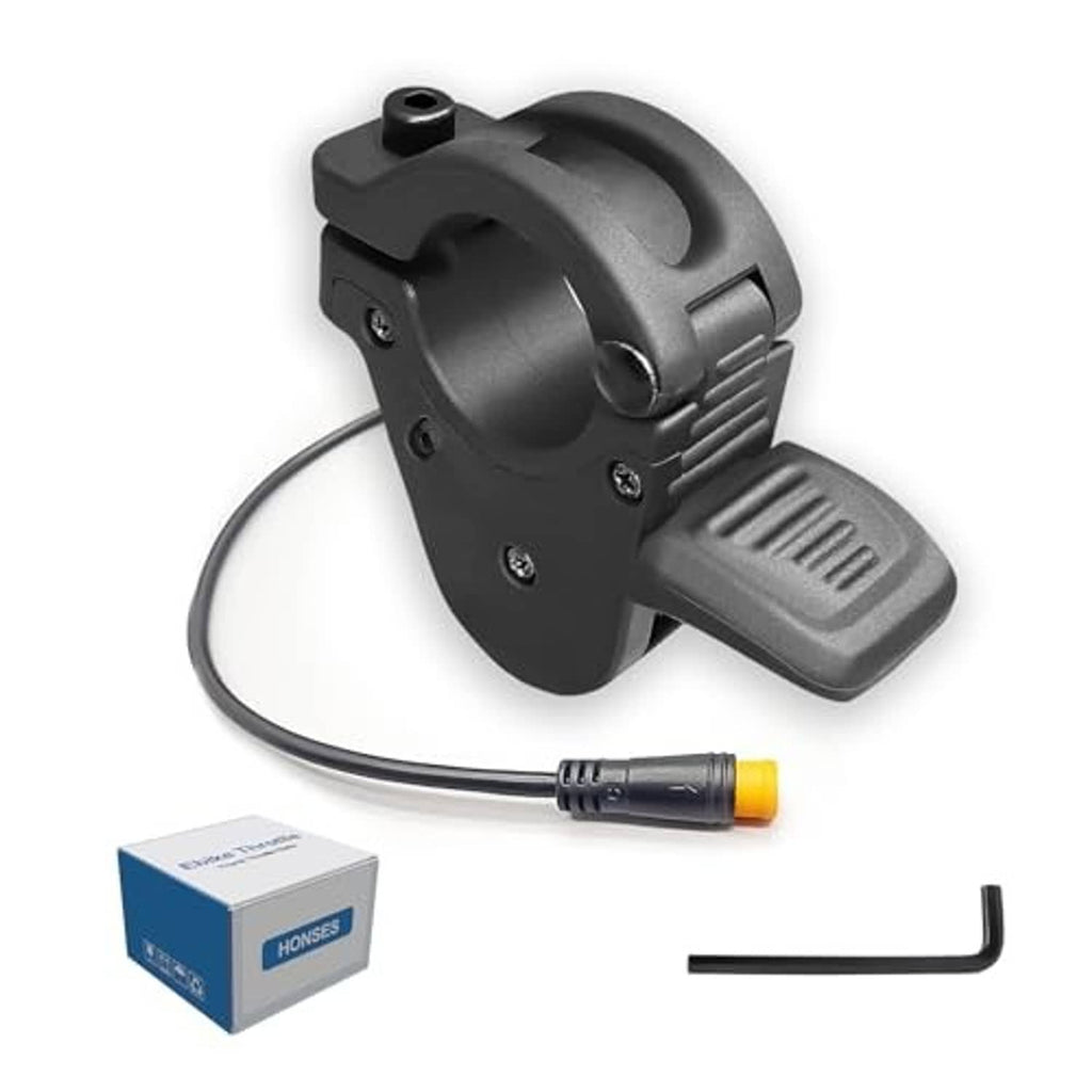 Black thumb throttle with textured grip pedal and 3-pin waterproof connector cable