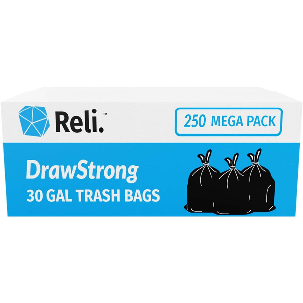 Reli DrawStrong 30-gallon black drawstring trash bags box, 250 mega pack