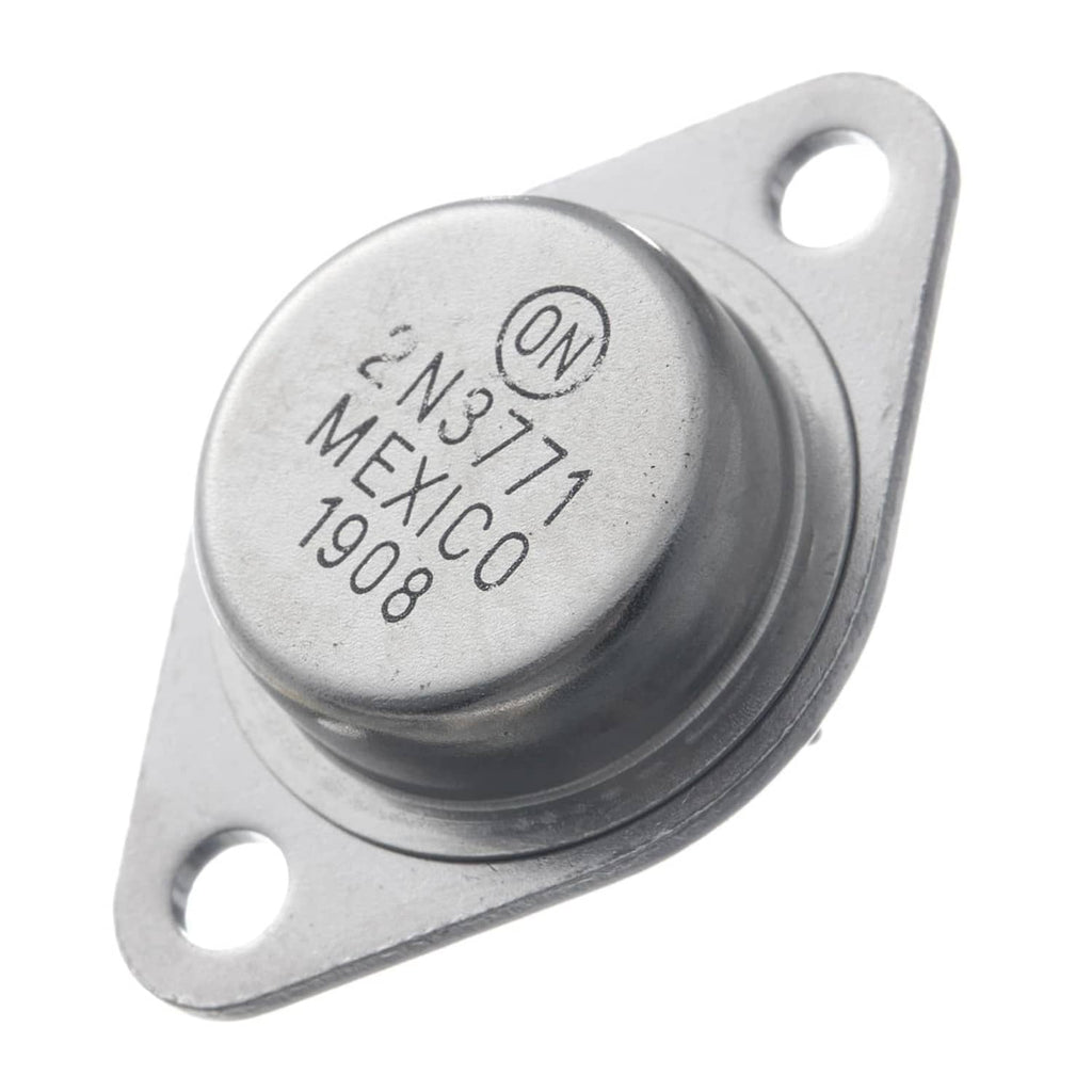 TO-3 NPN power transistor close-up with 2N3771 Mexico 1908 label on metal cap