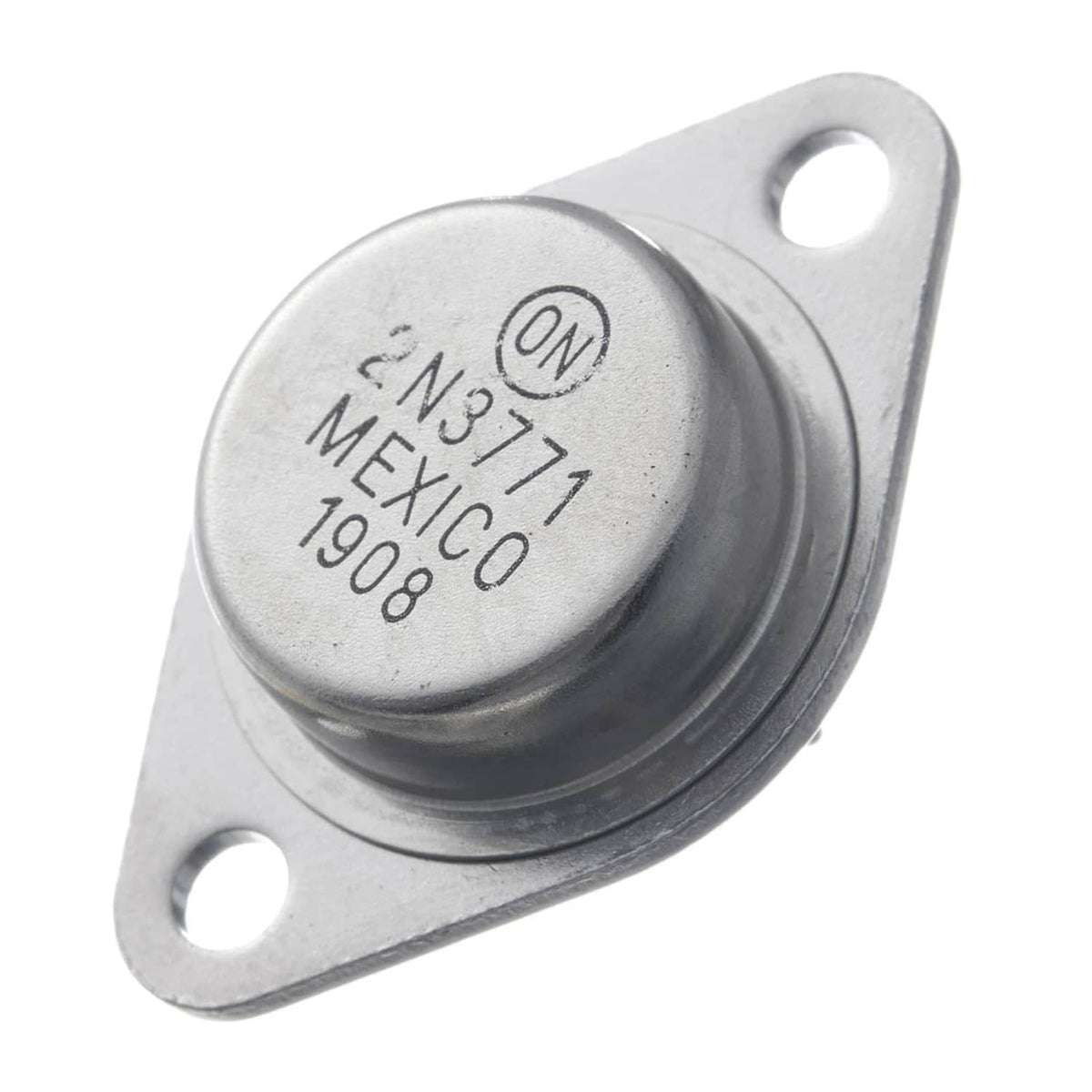 TO-3 NPN power transistor close-up with 2N3771 Mexico 1908 label on metal cap
