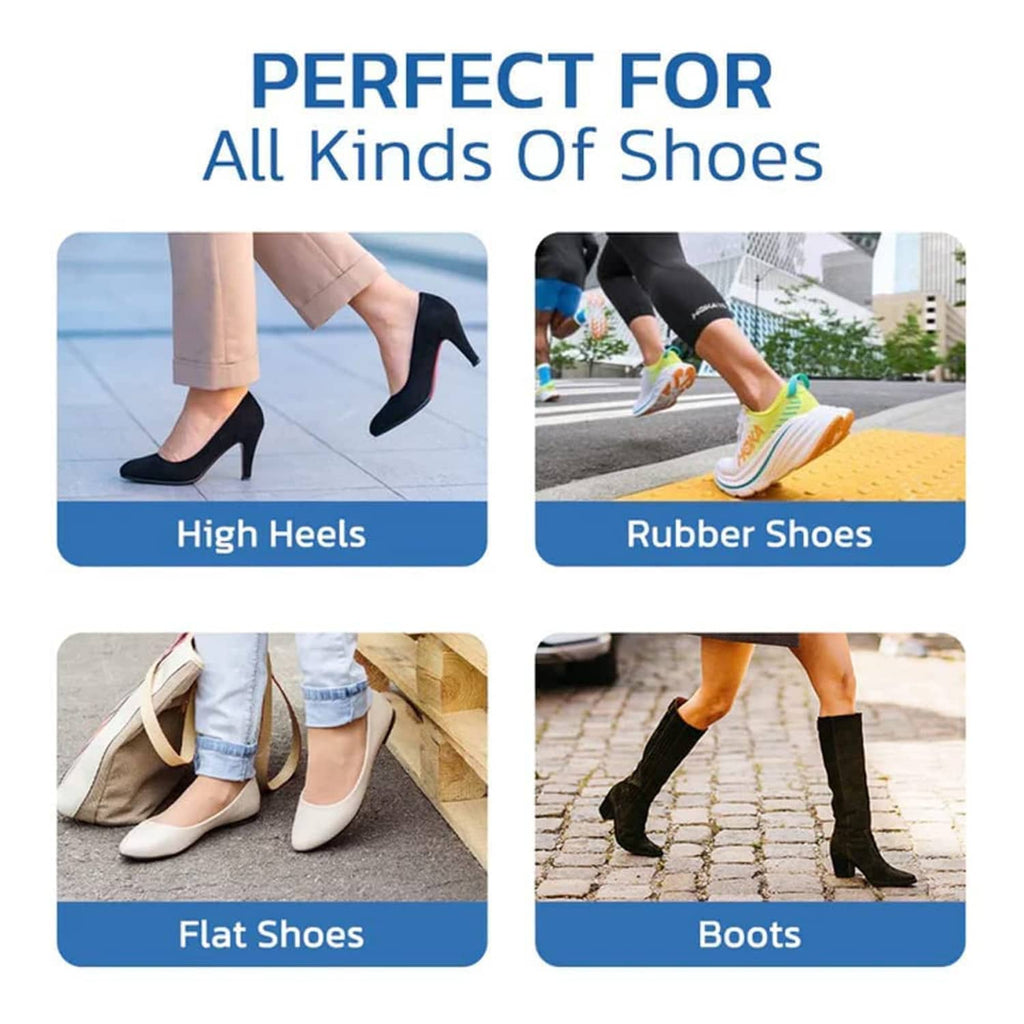 Five-toe no-show socks shown with different shoe types: heels, flats, boots, and sneakers