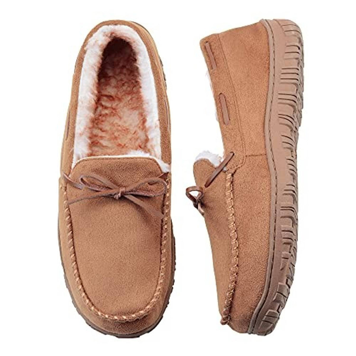 Pair of men’s brown moccasin slippers with plush interior and stitched moc toe
