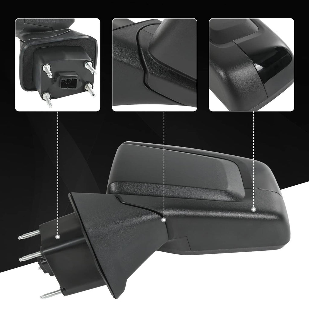 Black side mirror assembly with mounting bracket and exposed electrical connection