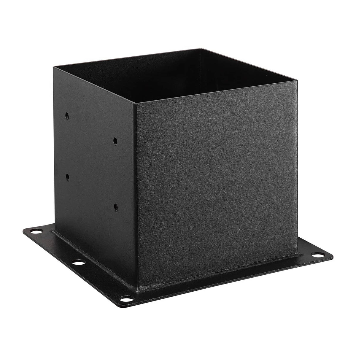 Black steel post base bracket with wide base plate and mounting holes for 4x4 posts