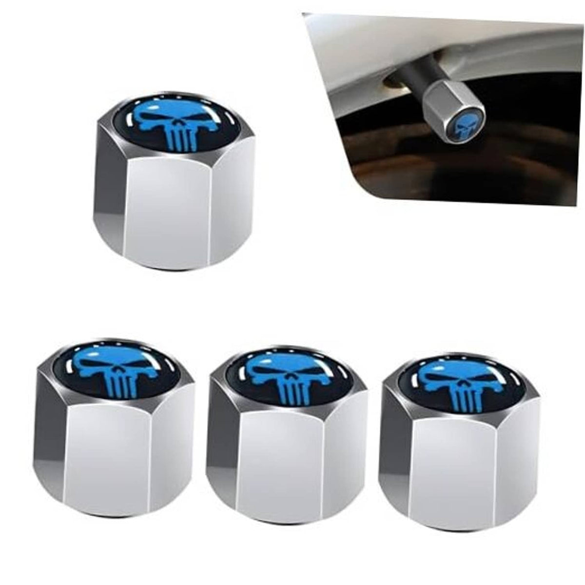 Silver hex tire valve cap with blue skull emblem