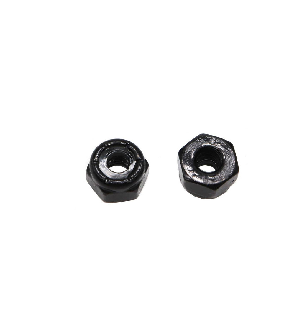 Two black nylon insert lock nuts on white background, front and side views
