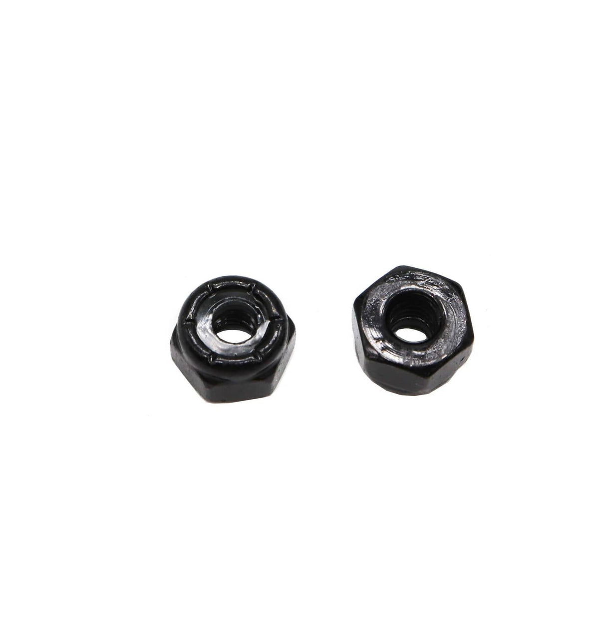 Two black nylon insert lock nuts on white background, front and side views