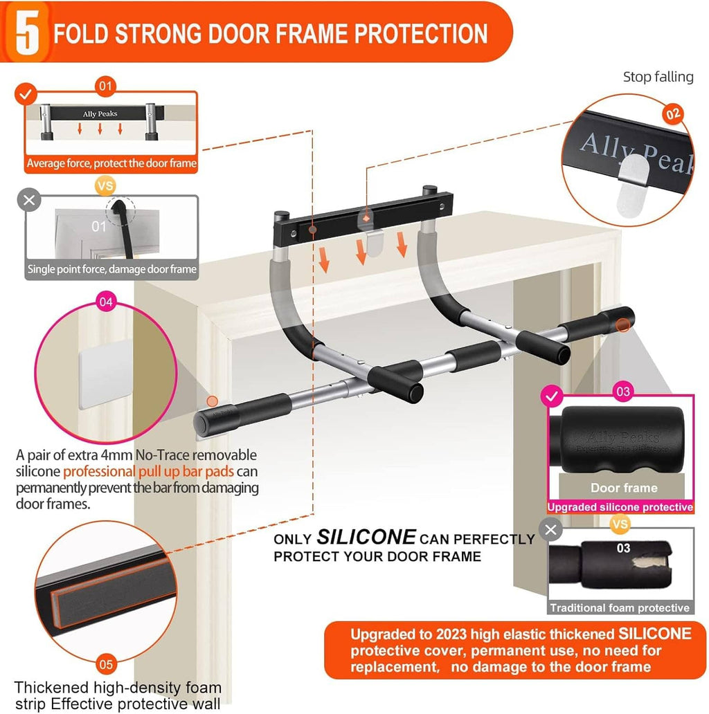 Doorway pull up bar with black foam grips and extra silicone door frame protection pads