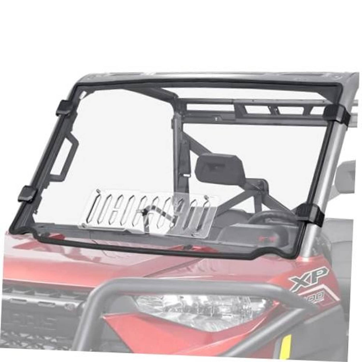 UTV full windshield with black frame and sliding window panel, clear front cover