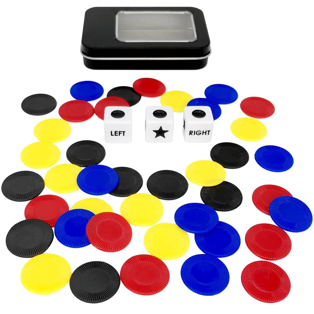 Colorful left and right playing tokens with two dice and black tray