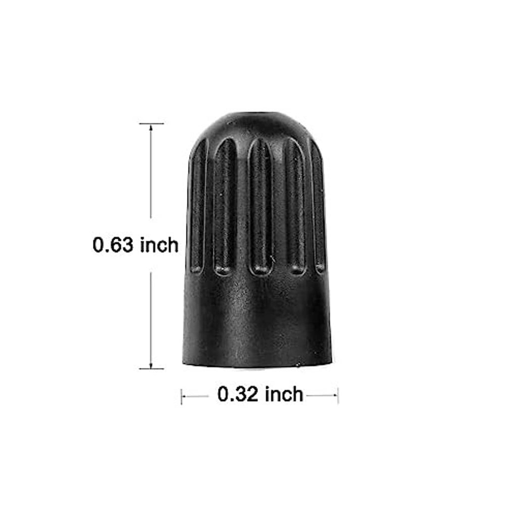 Black long valve stem cap dimensions: 0.63 in height, 0.32 in width