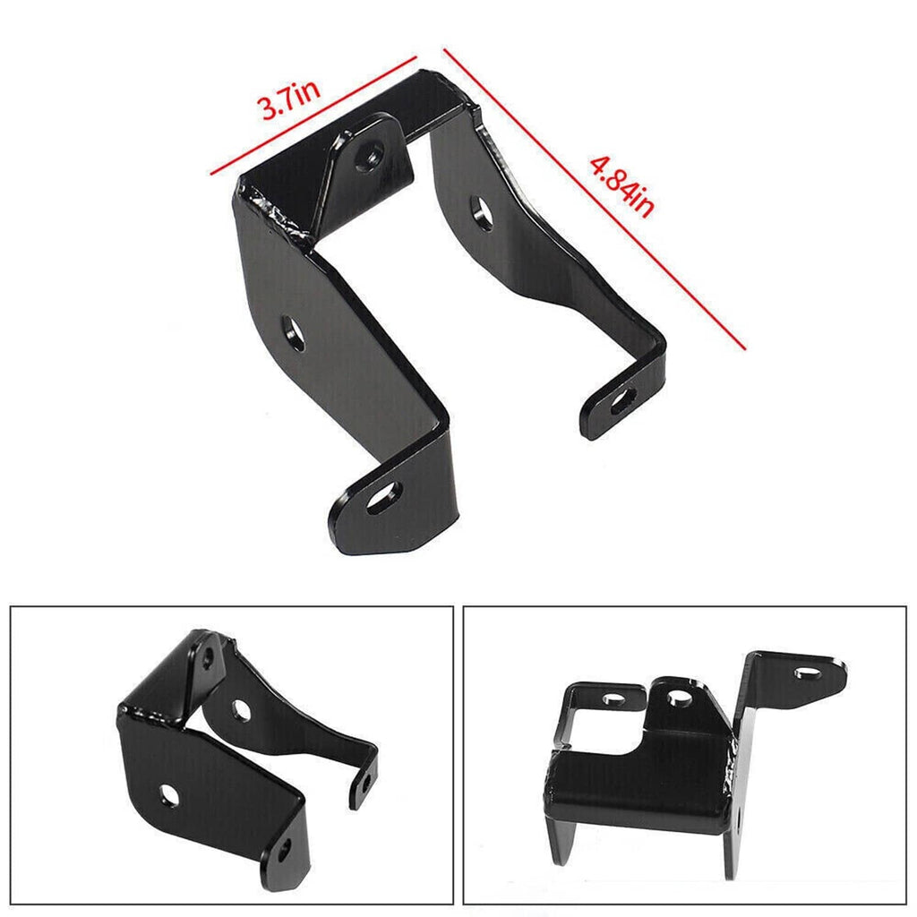 Black engine mount bracket pair with size indicators and matching mounting hardware