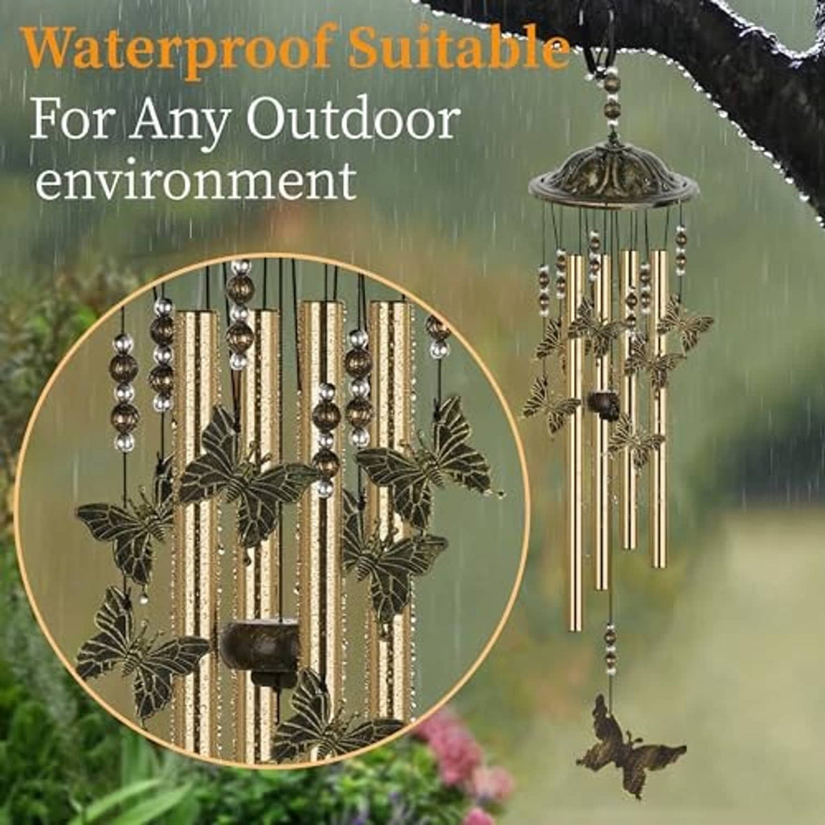 Bronze butterfly wind chime with domed cap, hanging rods, and butterfly charm