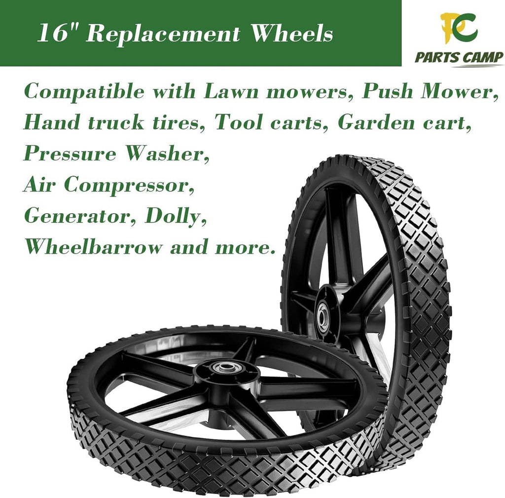 Black replacement wheel and tire with deep tread, includes axle hardware