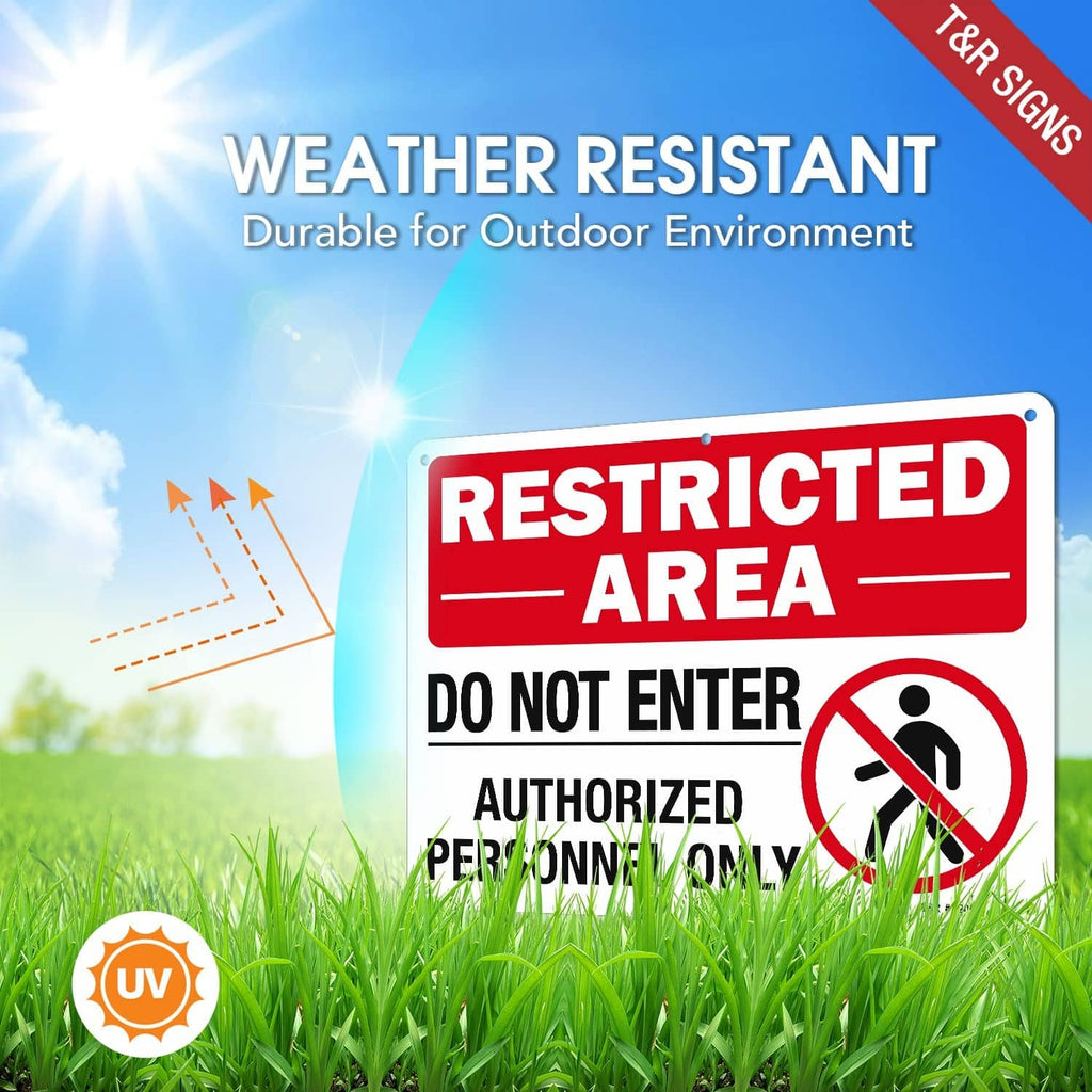 Red weather-resistant restricted area sign on outdoor grass, 'AUTHORIZED PERSONNEL ONLY'